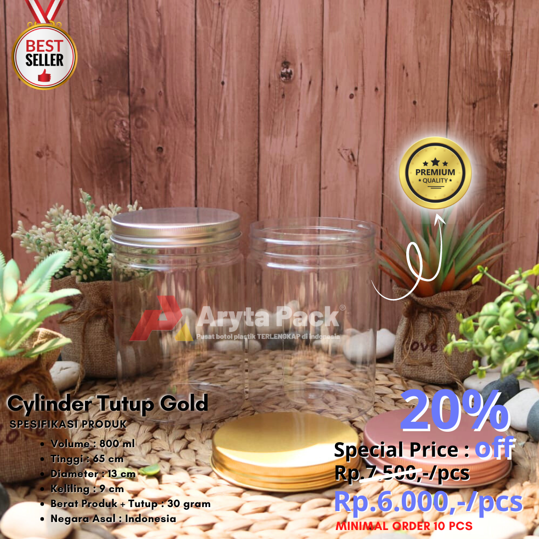 Toples plastik PET 800ml jar cylinder silinder tutup aluminium