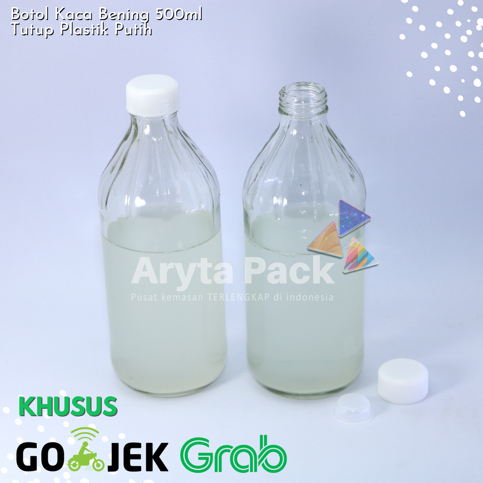 Jual botol kaca bening 500ml tutup putih plastik