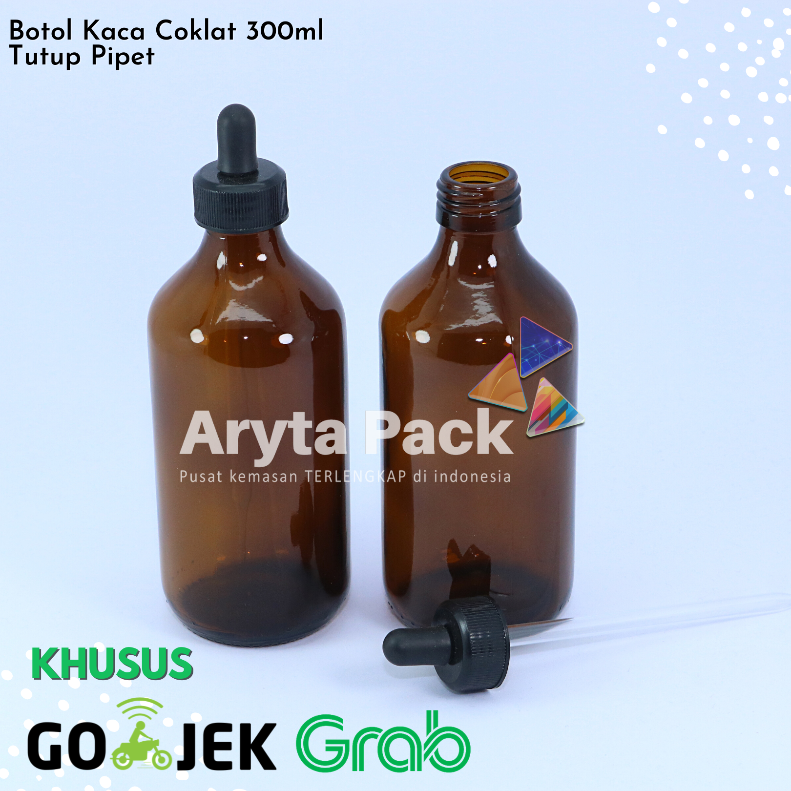 jual botol kaca coklat 300ml pipet hitam