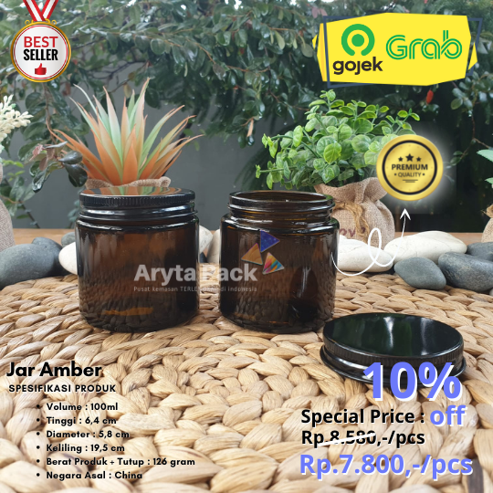 Jar kaca pomade amber 100ml coklat tutup aluminium hitam