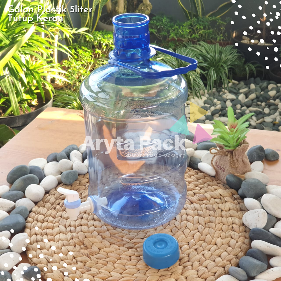 Galon plastik PET 5 liter biru + keran tutup dop natural