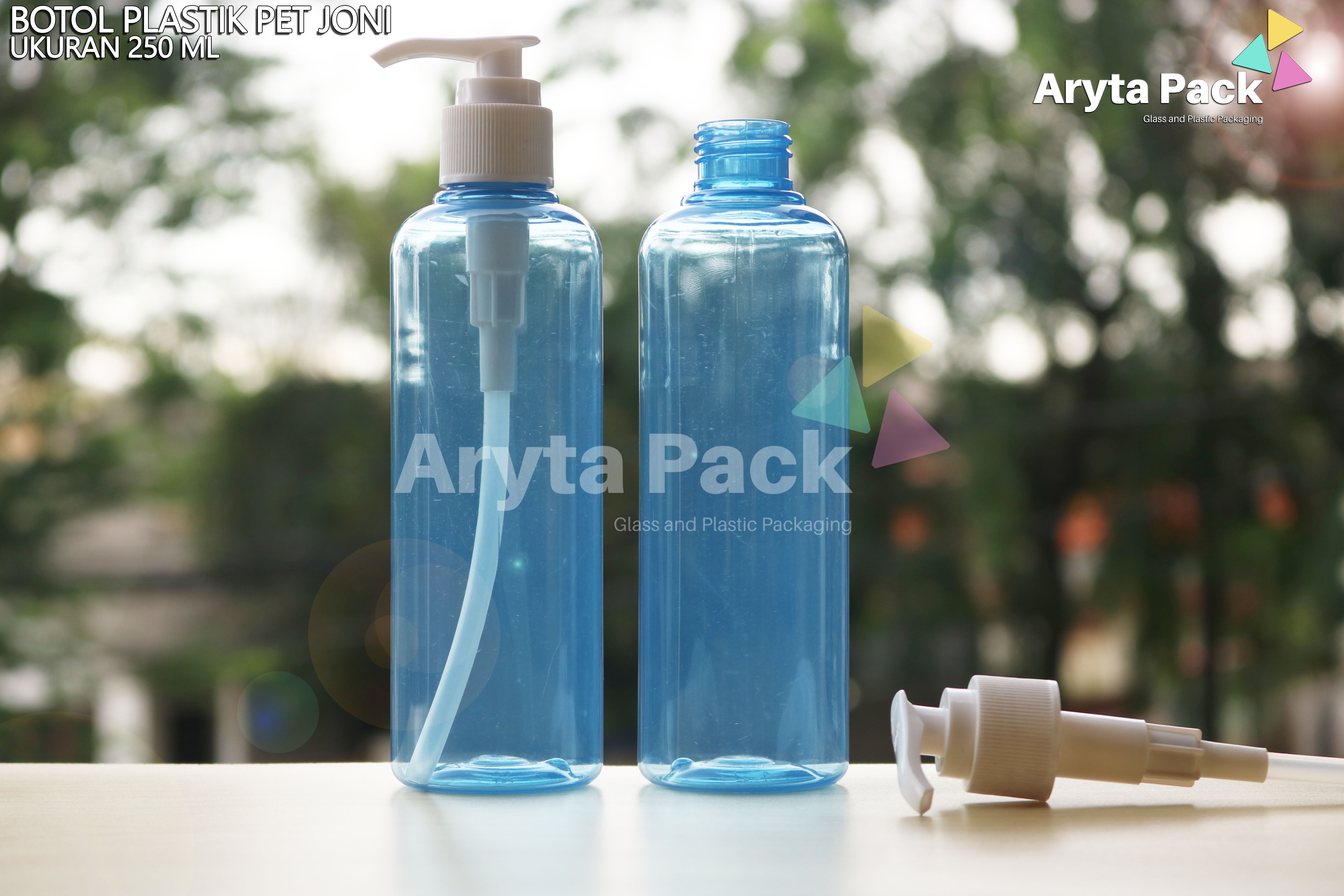 Botol plastik PET 250ml Joni biru tutup pump putih susu