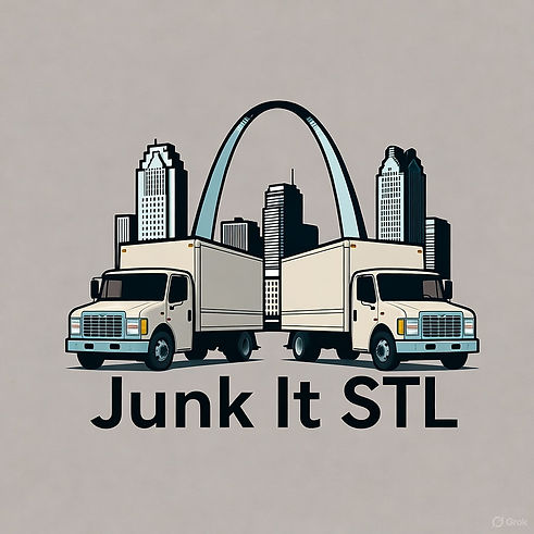 Illustration of two white junk removal trucks facing opposite directions in front of the St. Louis Gateway Arch and city skyline, with the text ‘Junk It STL’ displayed below