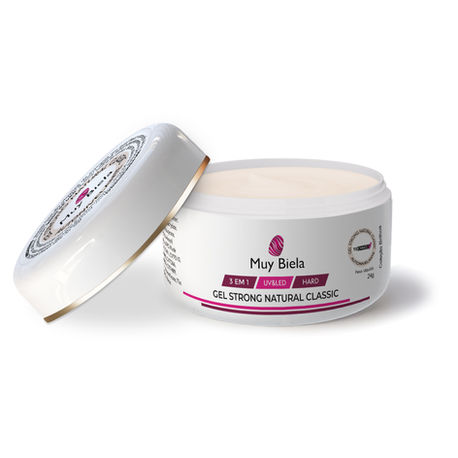 Pote com gel Muy Biela Strong Natural Classic aberto, fundo branco