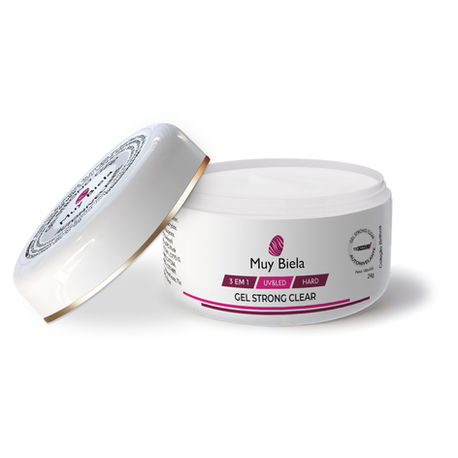 Muy Biela gel strong clear product with open lid on white background.