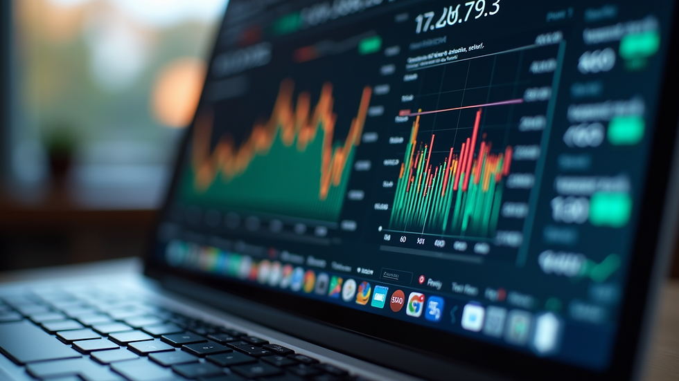 Eye-level view of a laptop screen displaying financial reports and charts