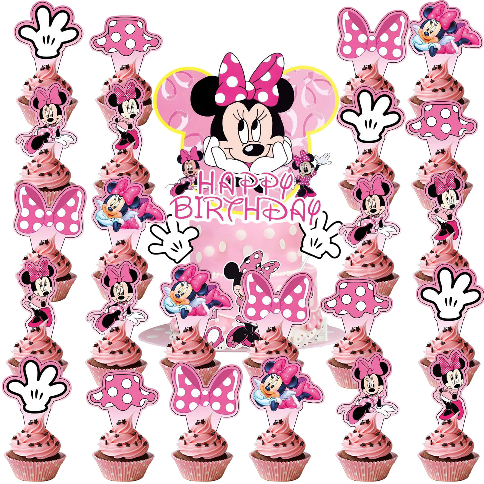 25pcs Minnie Cake Topper、Cupcake Toppers,Minnie Birthday Decorations，Minnie 