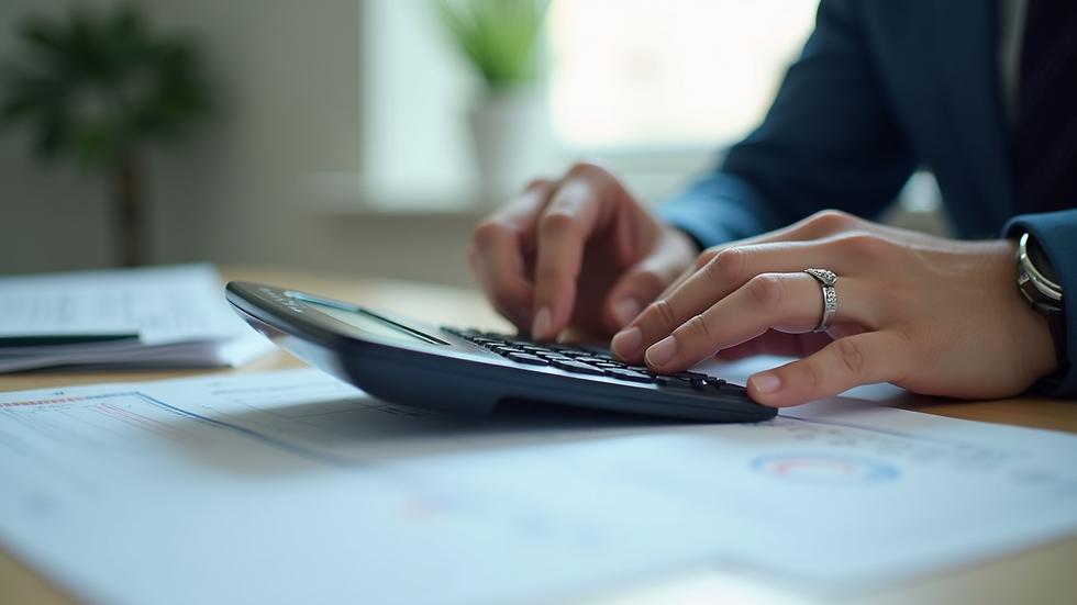 Close-up view of a business person reviewing payroll documents with a calculator