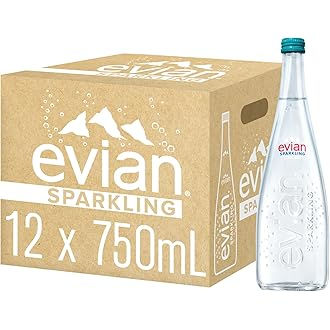 Evian Sparkling Carbonated Natural Mineral Water 750ml Glass Bottle, Case of 12