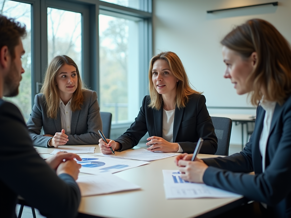 Étudiants qui font le bilan de leur projet gestion des risques en équipe