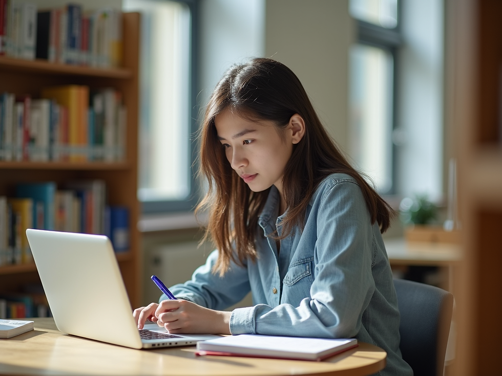 Étudiante qui organise sa veille informationnelle avec ses notes et son ordinateur