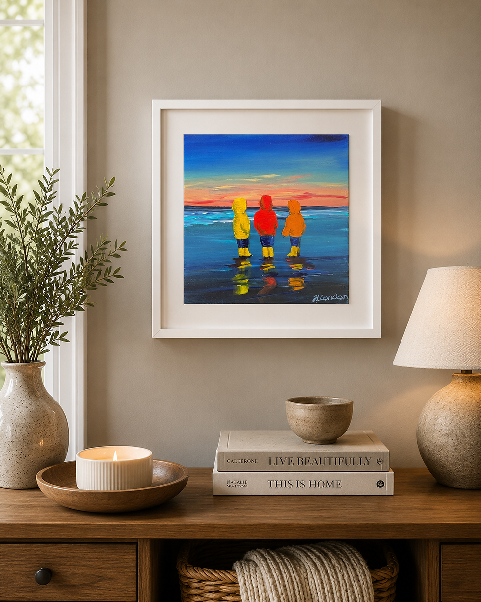 Original Irish beach painting of children beneath a painted sky by Helen Condon