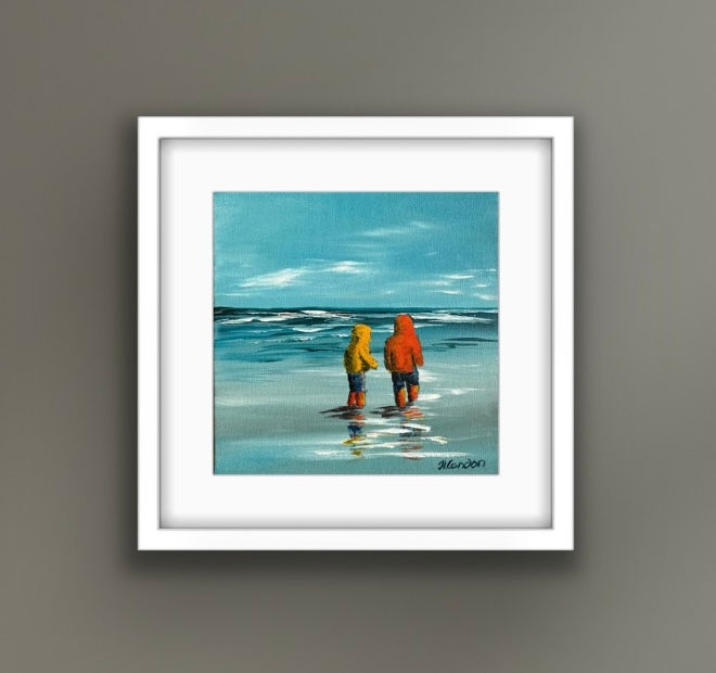 Original Irish beach painting of two children walking – Puddle Seekers