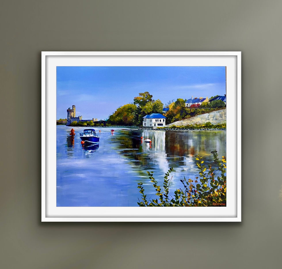 Autumn painting of Blackrock Castle Cork with reflections on the marina by Helen Condon