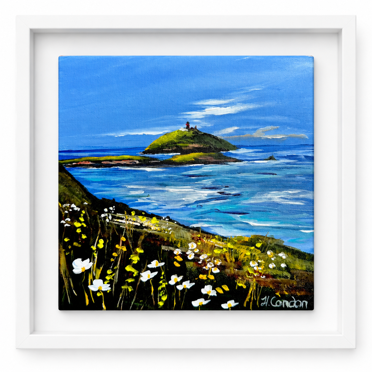 Cliffside Colour Ballycotton original painting by Helen Condon, framed 34 × 34 cm