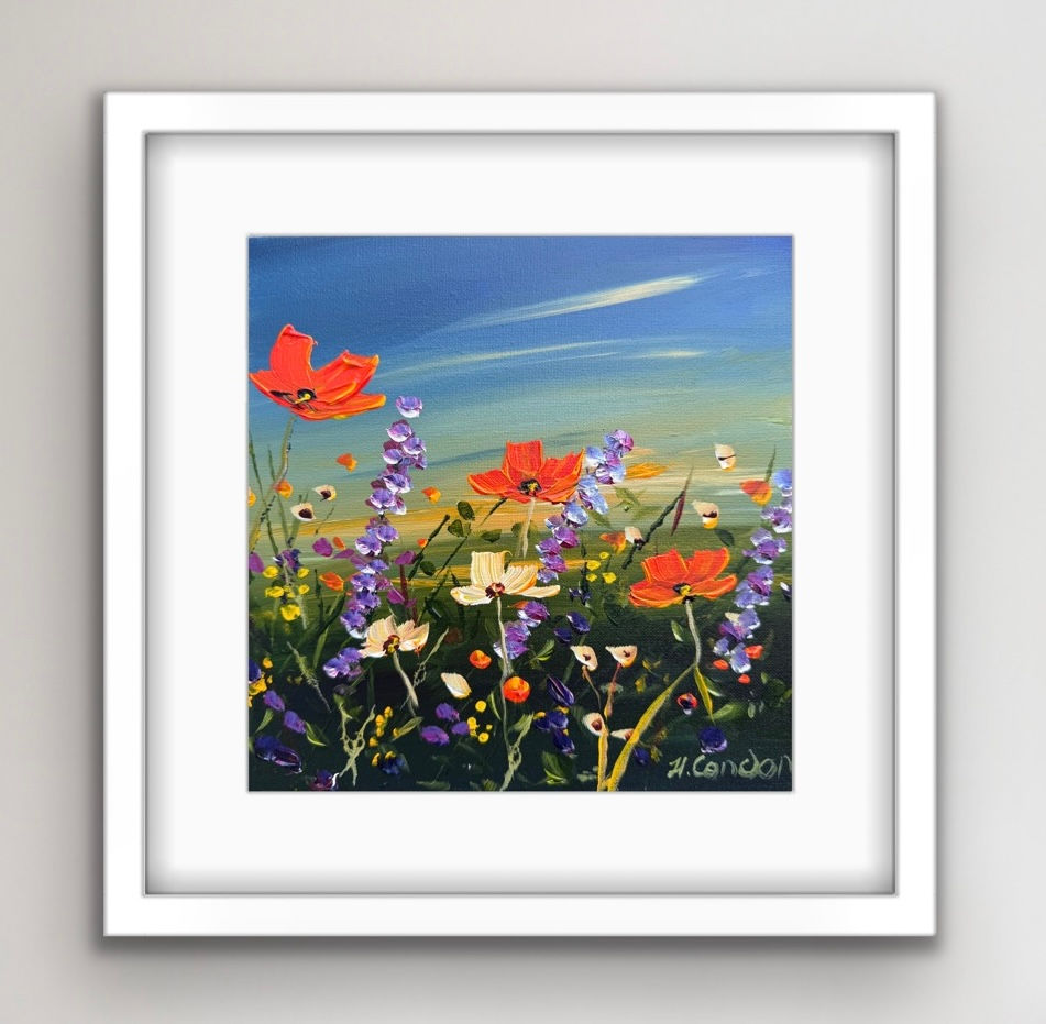Wildflowers at Daybreak by Helen Condon, floral painting with orange poppies and purple flowers in a white frame.