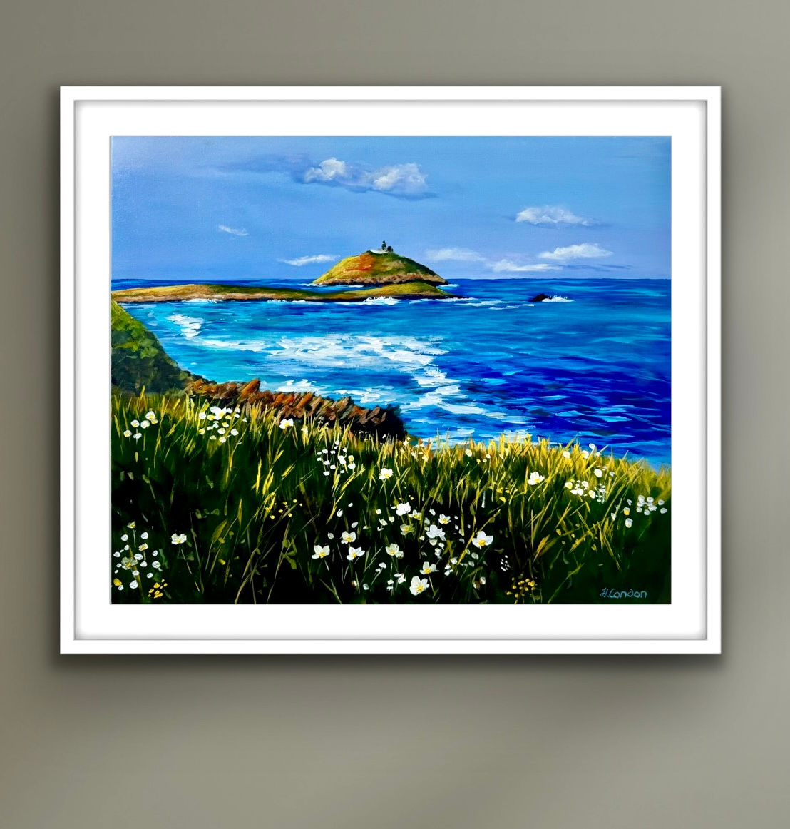 Acrylic painting of Ballycotton Cliff Walk by Irish artist Helen Condon – colourful coastal seascape with wildflowers, ocean,