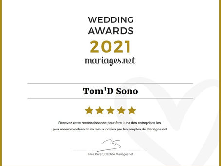 Tom'D Sono gagne un WEEDING AWARD 2021 mariage.net !