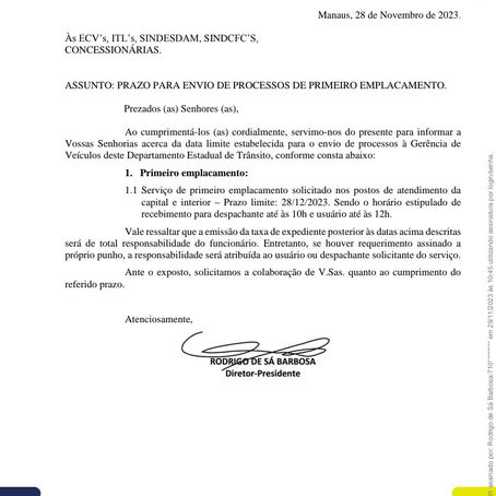 Prazo para envio de processos de Primeiro emplacamento.