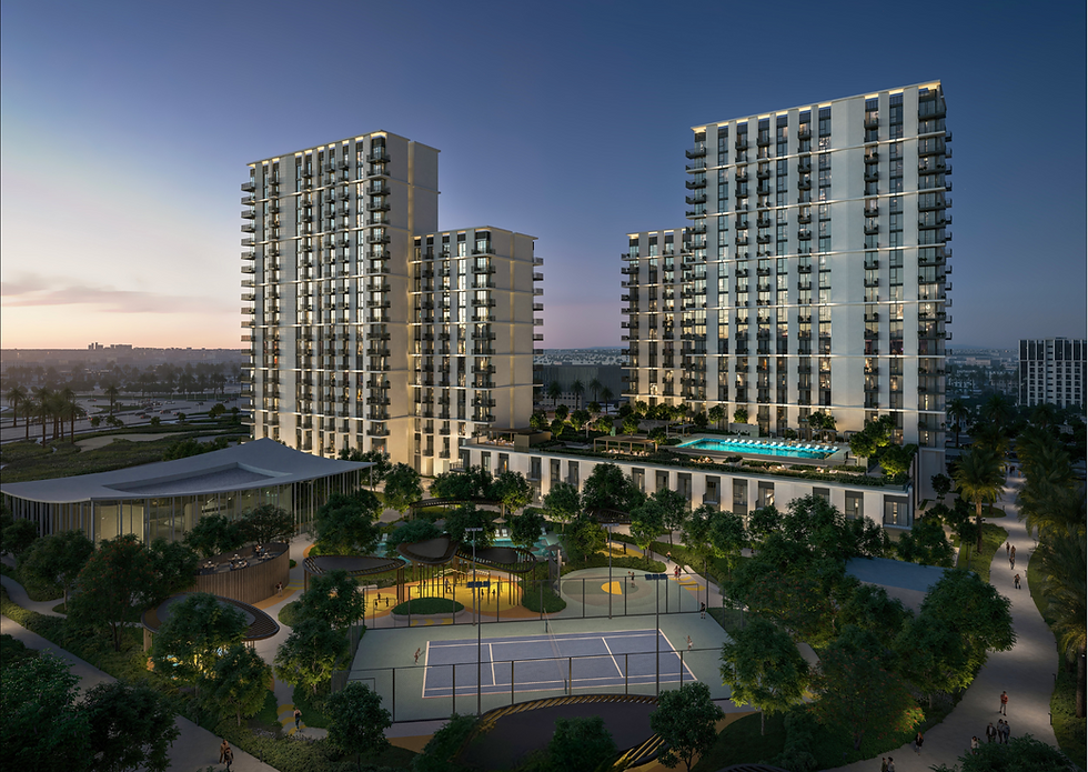 Modern residential community in Dubai featuring high-rise apartments, landscaped gardens, swimming pool, and sports courts.