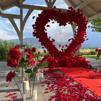 Romantic sunset proposal setup at Sanctuary Gardens with red floral heart, rose petal pathway, and vineyard views.