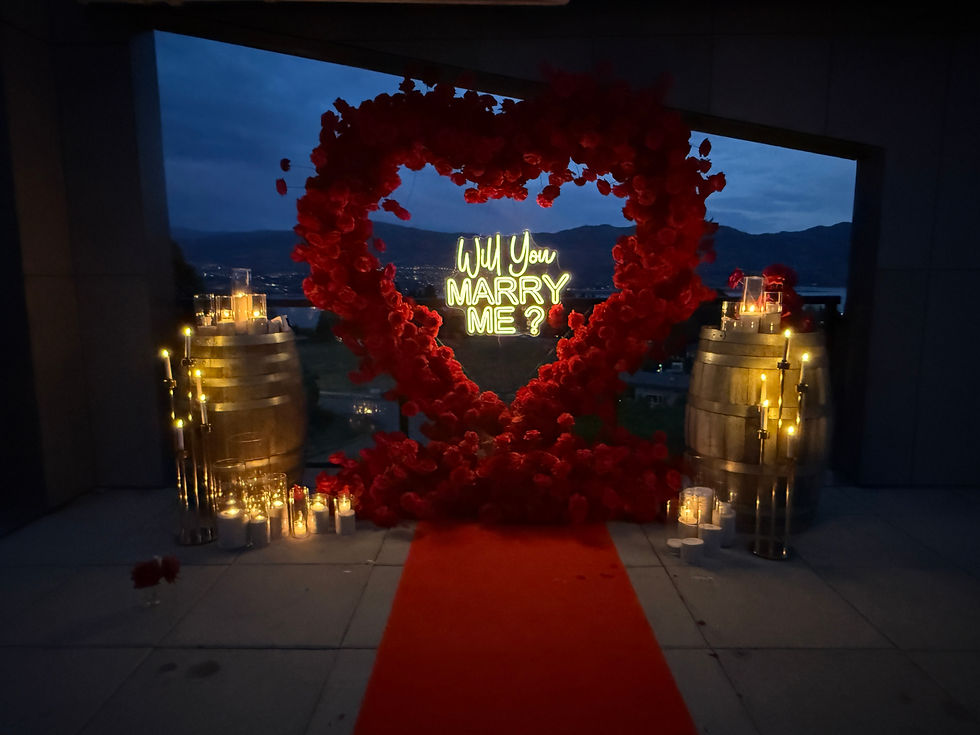 Romantic candlelit proposal setup in Kelowna with Real Touch flowers, candles, and luxury décor by Pickadilly’s.