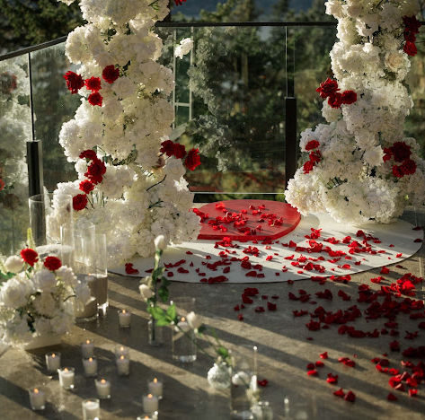 Pathway of red rose petals and 40 candles leading to a romantic proposal set up at an air bnb in the Okanagan