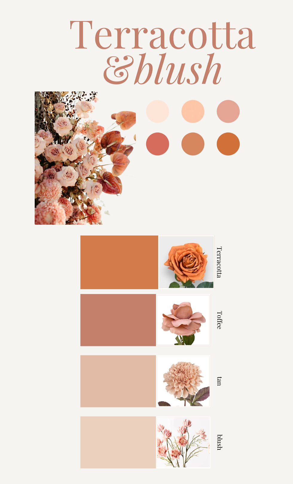 Terracotta and blush wedding colour palette with Real Touch roses, dahlias, and dried florals in warm earthy tones for Fall 2025
