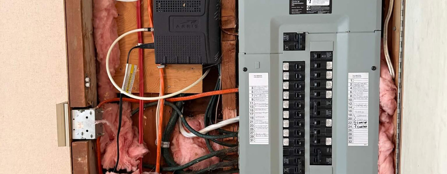 Existing cooktop subpanel inspected during a residential electrical upgrade in Coquitlam BC.