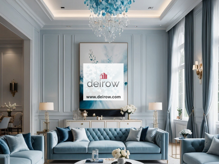 Elegant Neo Classic French-Inspired Velvet Soft Blue Living Room with a Statement Crystal Blue Chandelier and Wall Art
