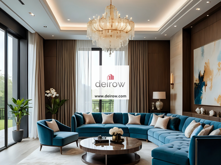 The Elegance OF The Perfect Blend of Wood and Blue Accents in Modern Luxury Living Rooms