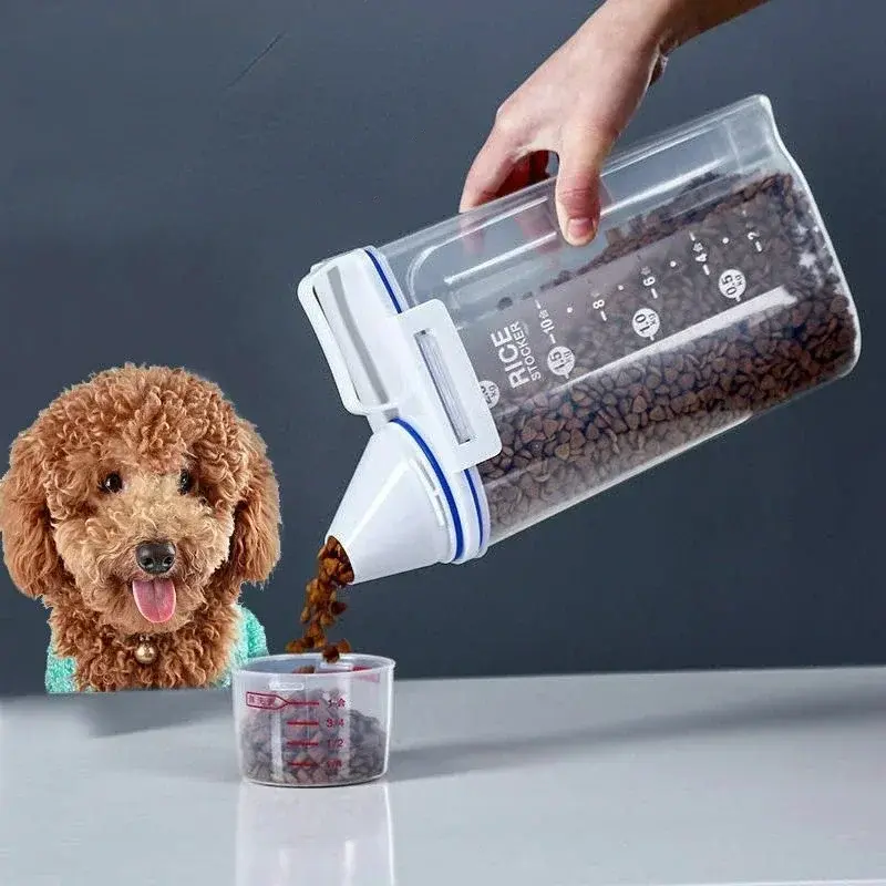 1.5kg/2kg Dog Cat Food Pail Plastic Storage Tank with Measuring Cup Container Mo