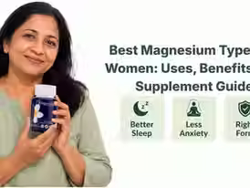 Infographic titled "Best Magnesium Types for Women: Uses, Benefits, and Supplement Guide" highlighting three key benefits: Better Sleep (moon icon), Less Anxiety (calm face icon), and Right Form (checkmark with pill bottle). Encourages women to choose the correct magnesium type - such as glycinate for sleep and anxiety - for safe, effective supplementation.