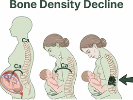 Infographic showing post-pregnancy bone density loss factors: gestation, breastfeeding, low bone density, hormonal changes, and physical load