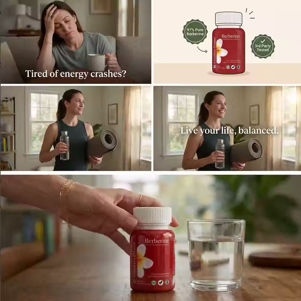 A four-panel promotional collage for Vitality Quest Berberine supplements, illustrating a natural health transformation. The top-left panel shows a tired woman sitting on a sofa, holding her head in fatigue with a coffee mug, accompanied by the text "Tired of energy crashes?". The top-right panel features a close-up of a red Berberine bottle, highlighting badges for "97% Pure Berberine" and "3rd Party Tested" to emphasize high-quality blood sugar support and metabolic health. The middle-left panel displays a smiling woman in athletic wear holding a reusable water bottle and a yoga mat, suggesting a shift toward an active lifestyle. The middle-right panel shows the same woman with the text "Live your life, balanced," promoting weight management and daily wellness. The bottom panel is a close-up of a woman's hand reaching for the Berberine supplement next to a glass of water on a wooden table, symbolising the start of a healthy daily routine for energy support and glucose metabolism.