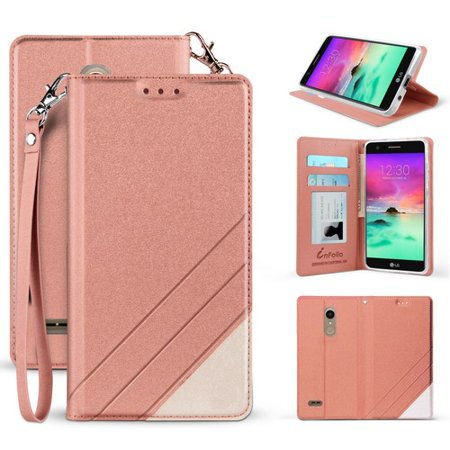 LG K30 / K10, Leather Wallet Case - Rose Gold/White