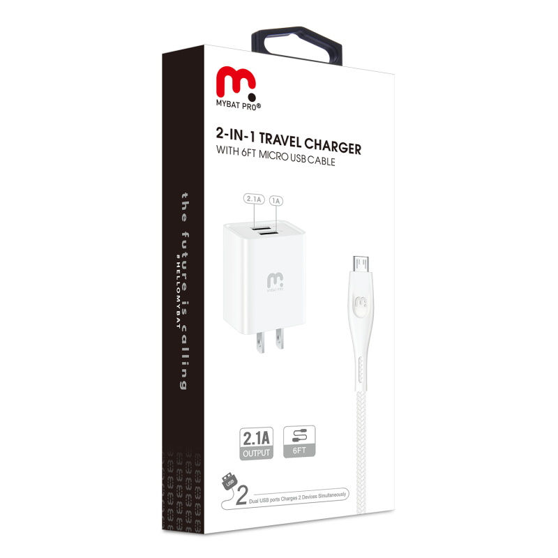 Thumbnail: White -  2-in-1 Travel Charger with 6ft Micro USB Cable