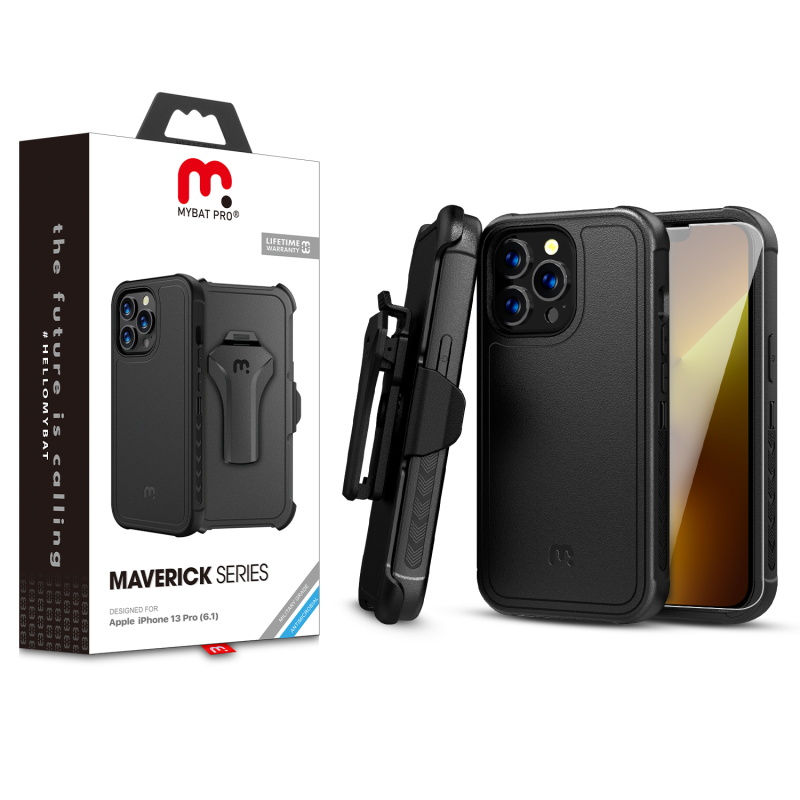 Apple iPhone 13 Pro (6.1) - Black / Black Case with Holster and Tempered Glass