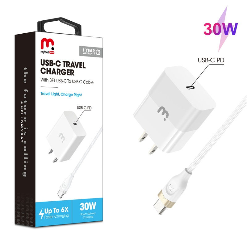 Fast Charging Power Delivery Wall Charger (30W) with USB-C Cable - White
