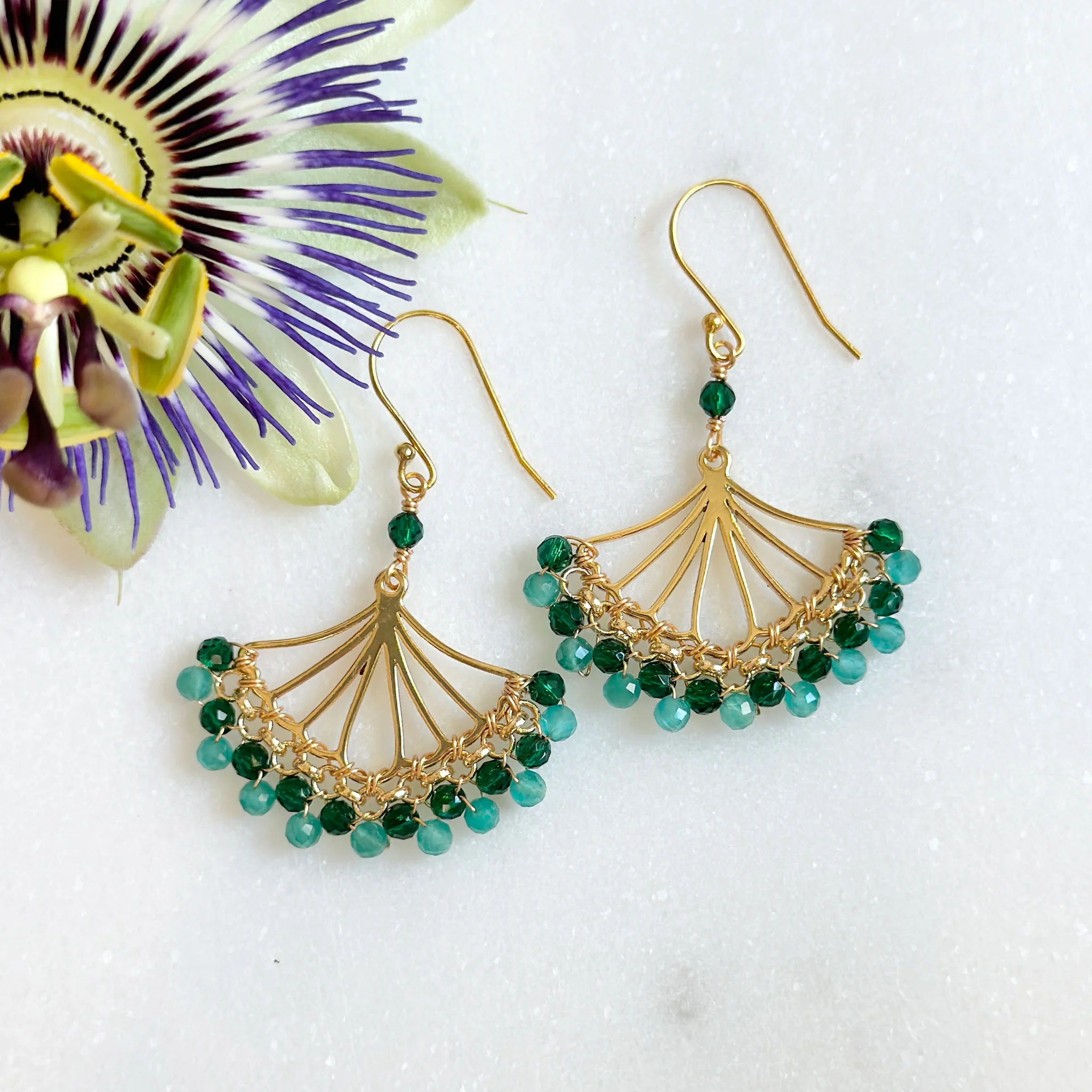 Charlotte Knapman - Emerald Green & Mint Green Jade Rolo Fan Beaded Earrings