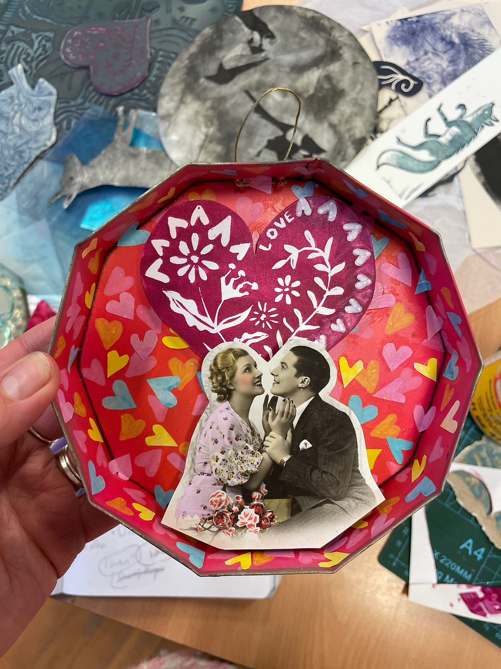 Paper cut-out, collage art, anniversary gift, man and woman in love