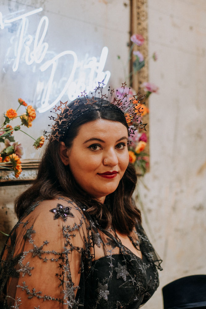 black wedding dress and star crown, plus size bride
