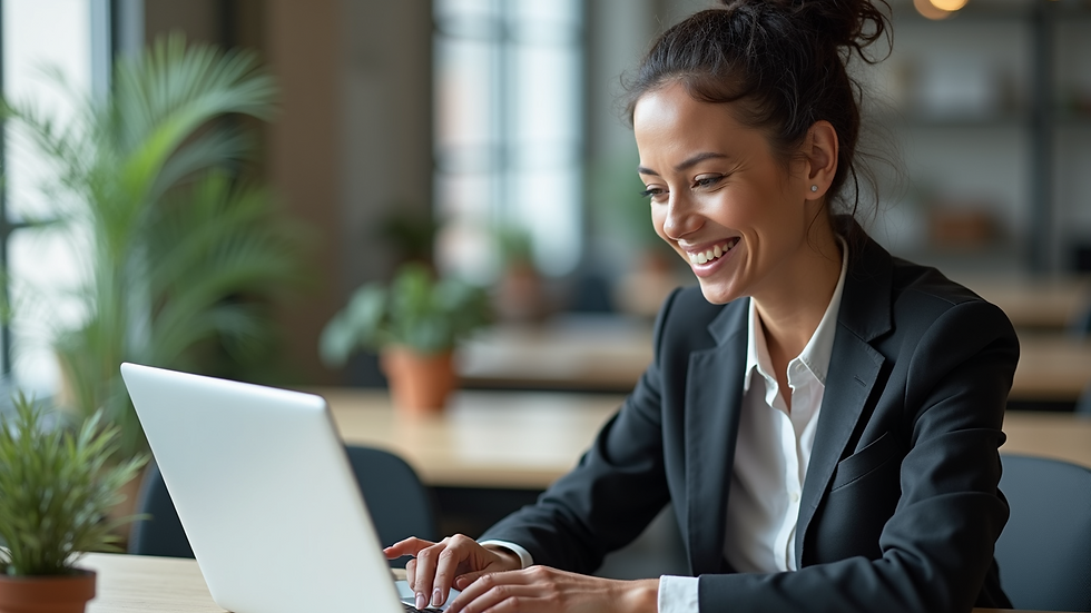High angle view of a small business owner working on a laptop with a relaxed smile