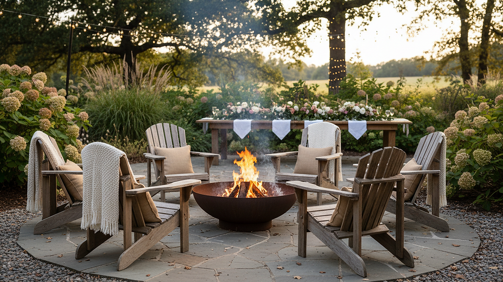 Close-up view of a rustic fire pit surrounded by wooden chairs at an outdoor wedding