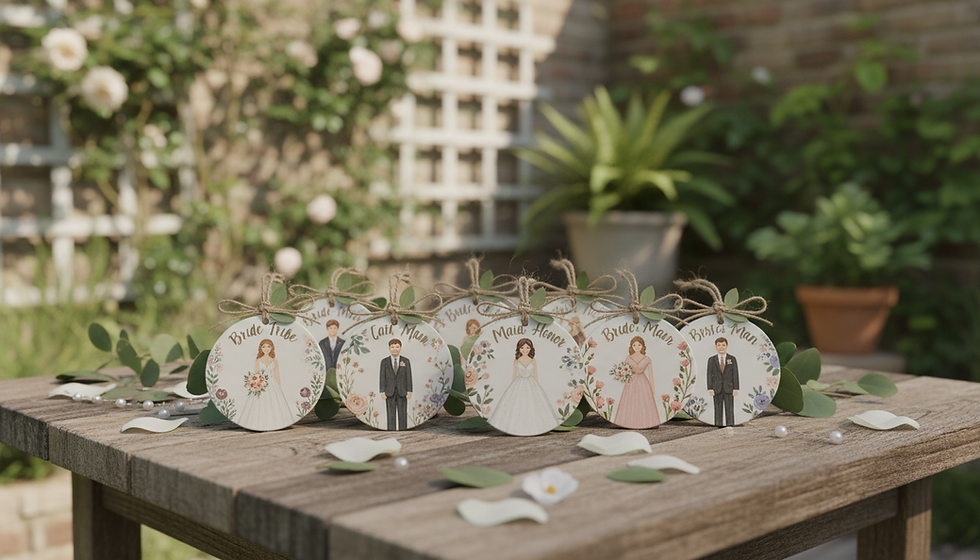 Close-up view of hand-painted bridal party ornaments on a rustic wooden table