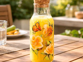 a glass carafe with monarchs painted on it.