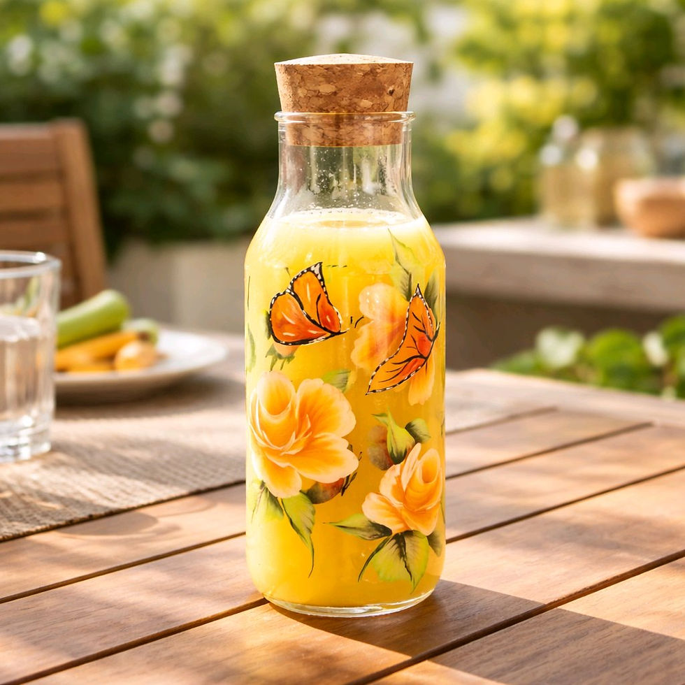a glass carafe with monarchs painted on it.