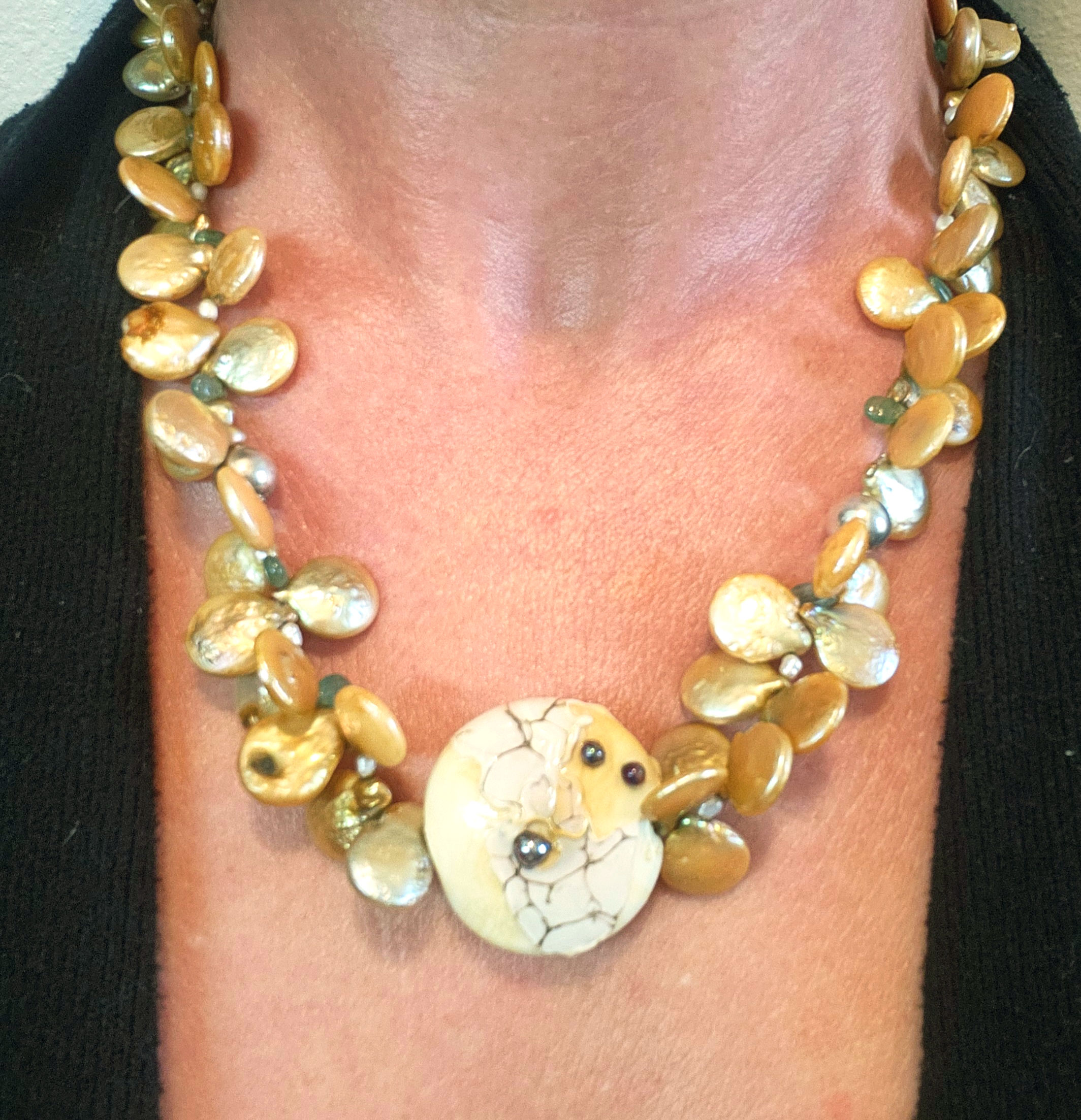 Unique Baroque Pearl, Natural Emerald, Sterling Silver, and Art Glass Necklace.