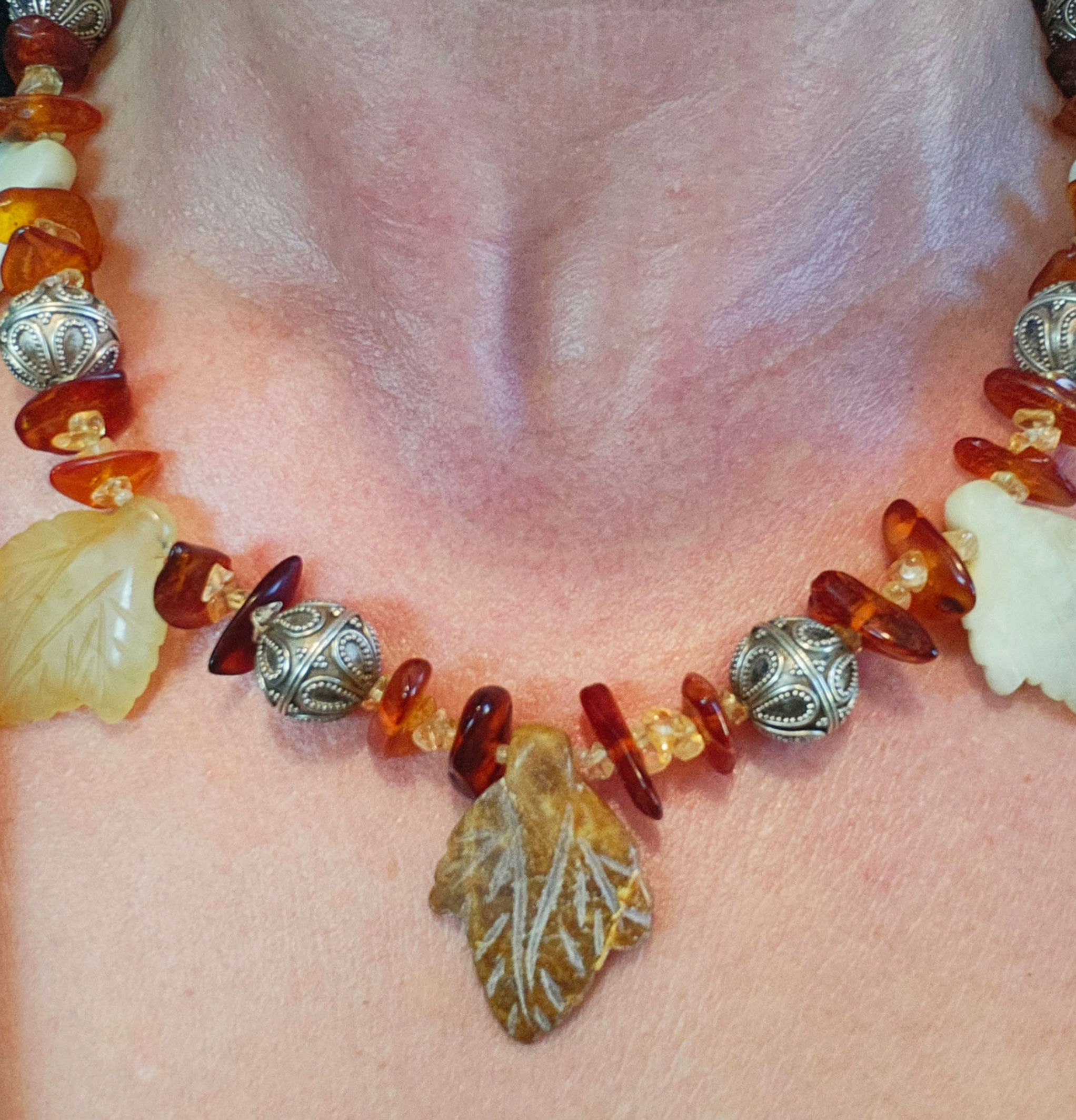 Fall leaves chalcedony, amber, citrine, and sterling silver necklace