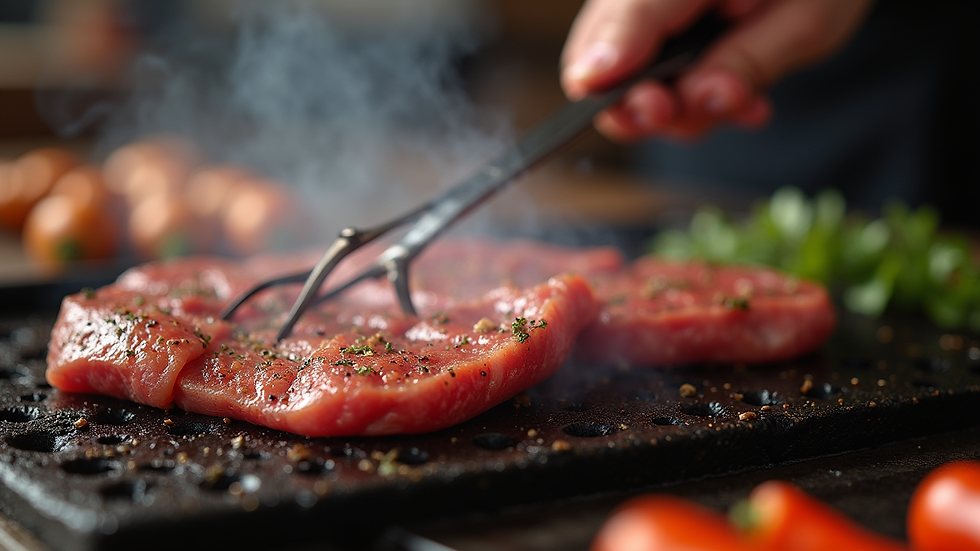 Primer plano de una parrilla con carne a la brasa en Reina Lupa